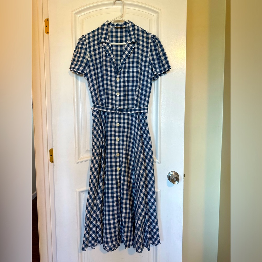 Ralph Lauren Blue and White Gingham Midi Shirt Dress with Belt